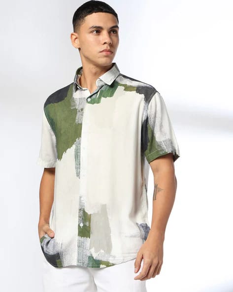 Olive and Khaki Abstract Casual Shirt