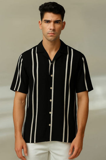 Men's Black & White Striped Knit Casual Shirt