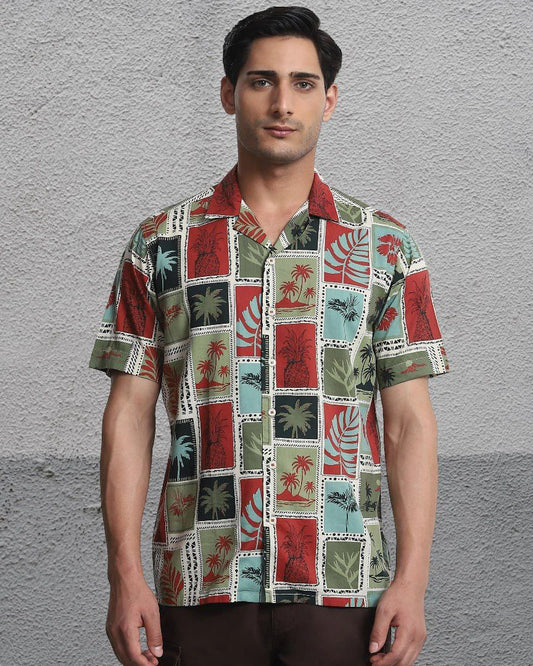 Men's Tropical Patchwork Print Casual Shirt