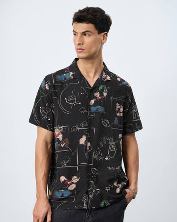 Men's Black Popeye All-Over Graphic Print Shirt