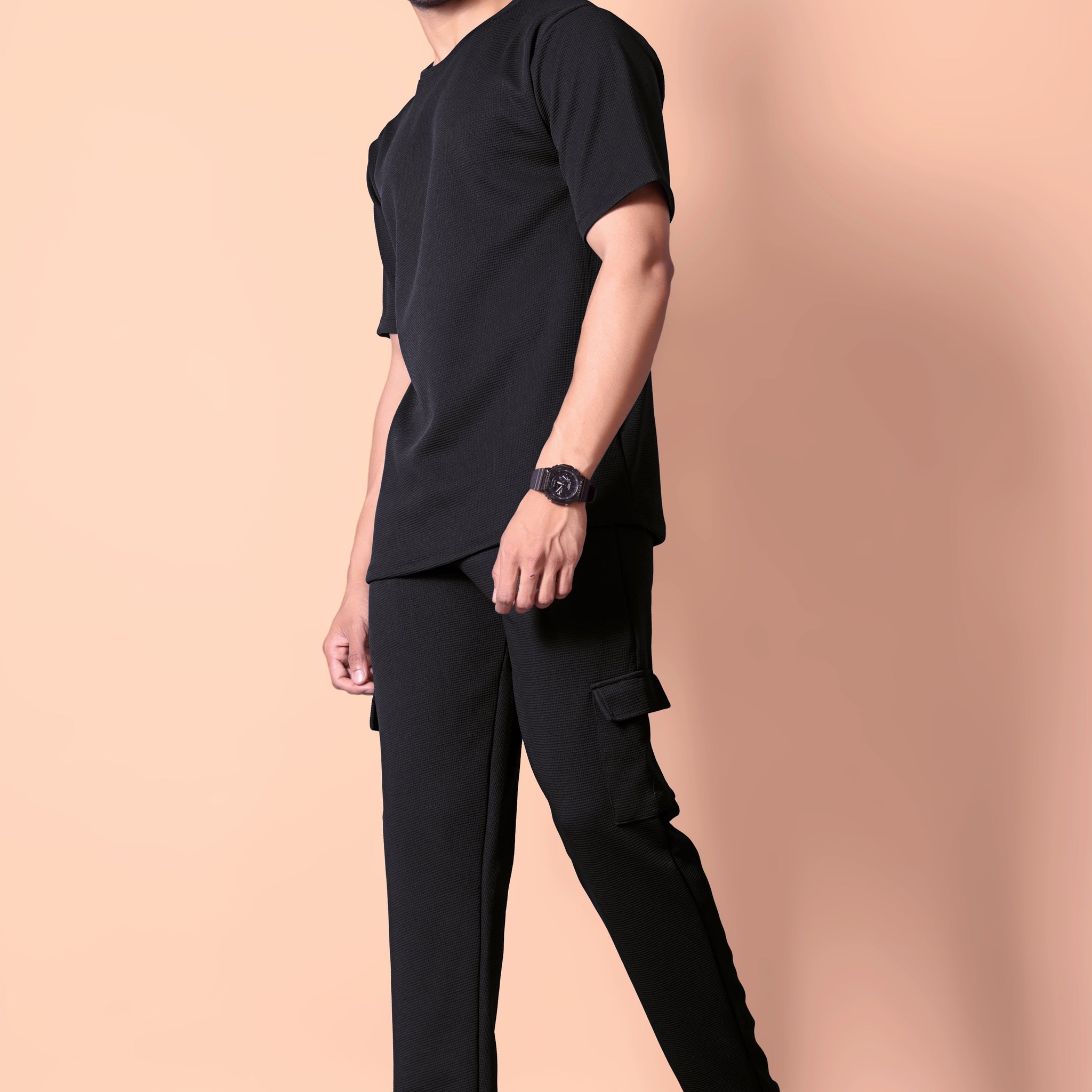 Stylish Men's Black Waffle Knit Jogger & T-Shirt Co-ord Set