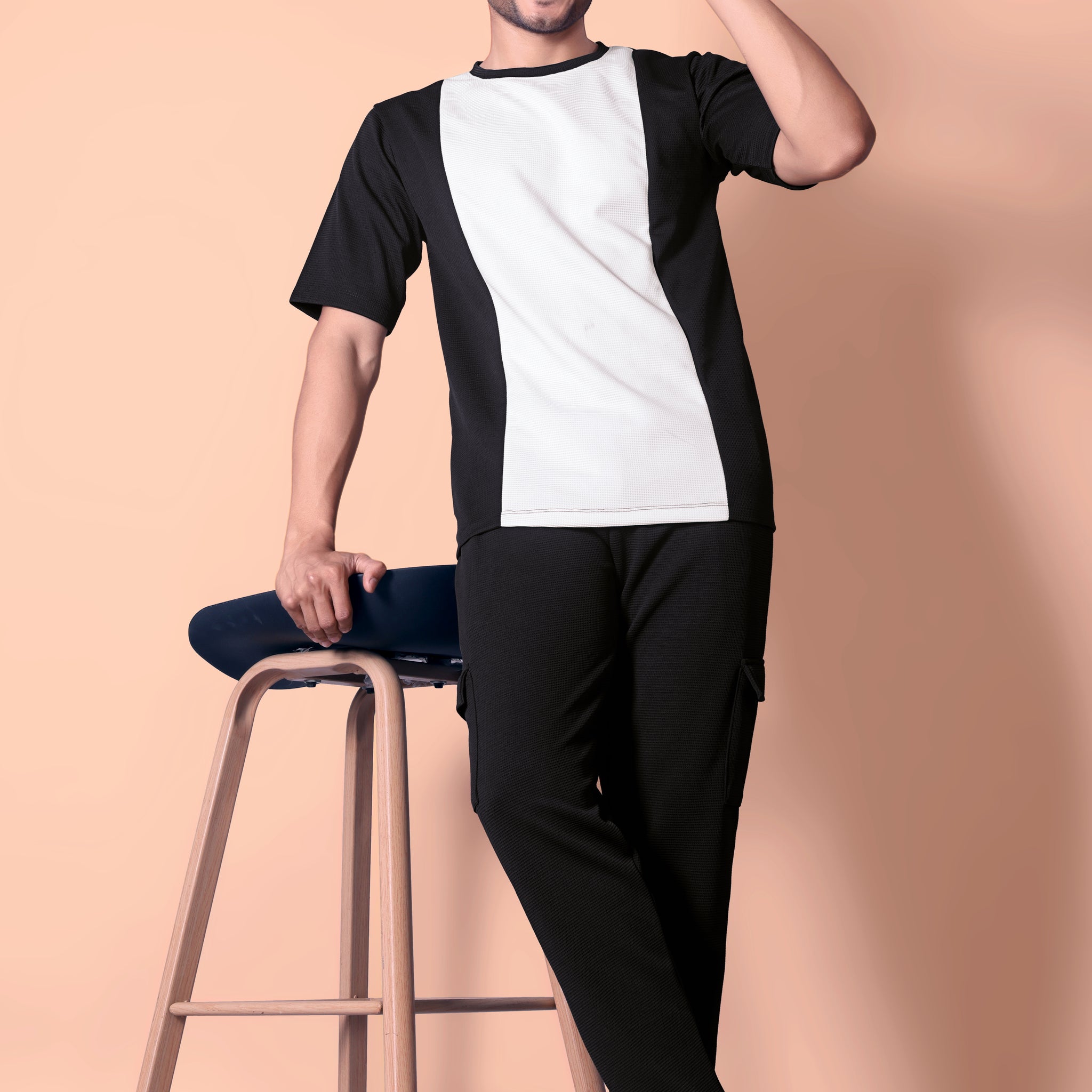 Stylish Men's BLACK Waffle Knit Jogger & T-Shirt Co-ord Set
