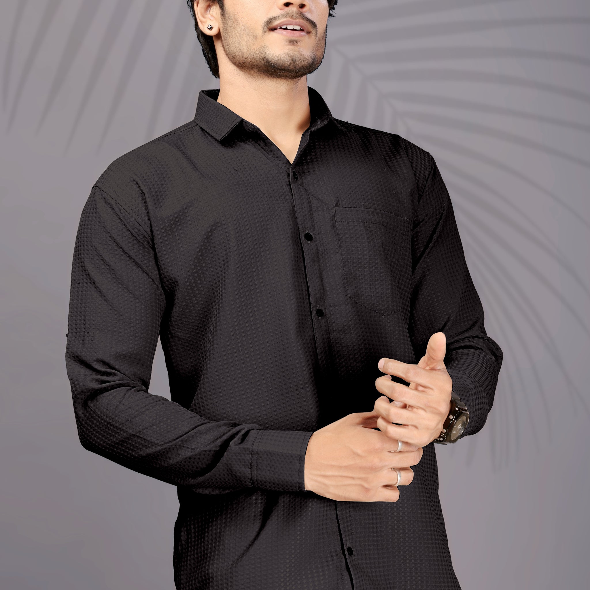 Men's Black Popcorn Texture Cotton Shirt – DenseTrend™ Casual Wear
