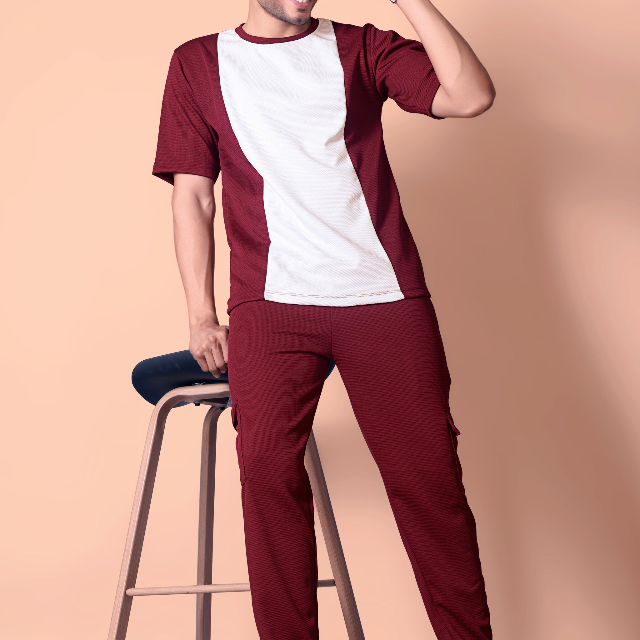 Stylish Men's MAROON Waffle Knit Jogger & T-Shirt Co-ord Set