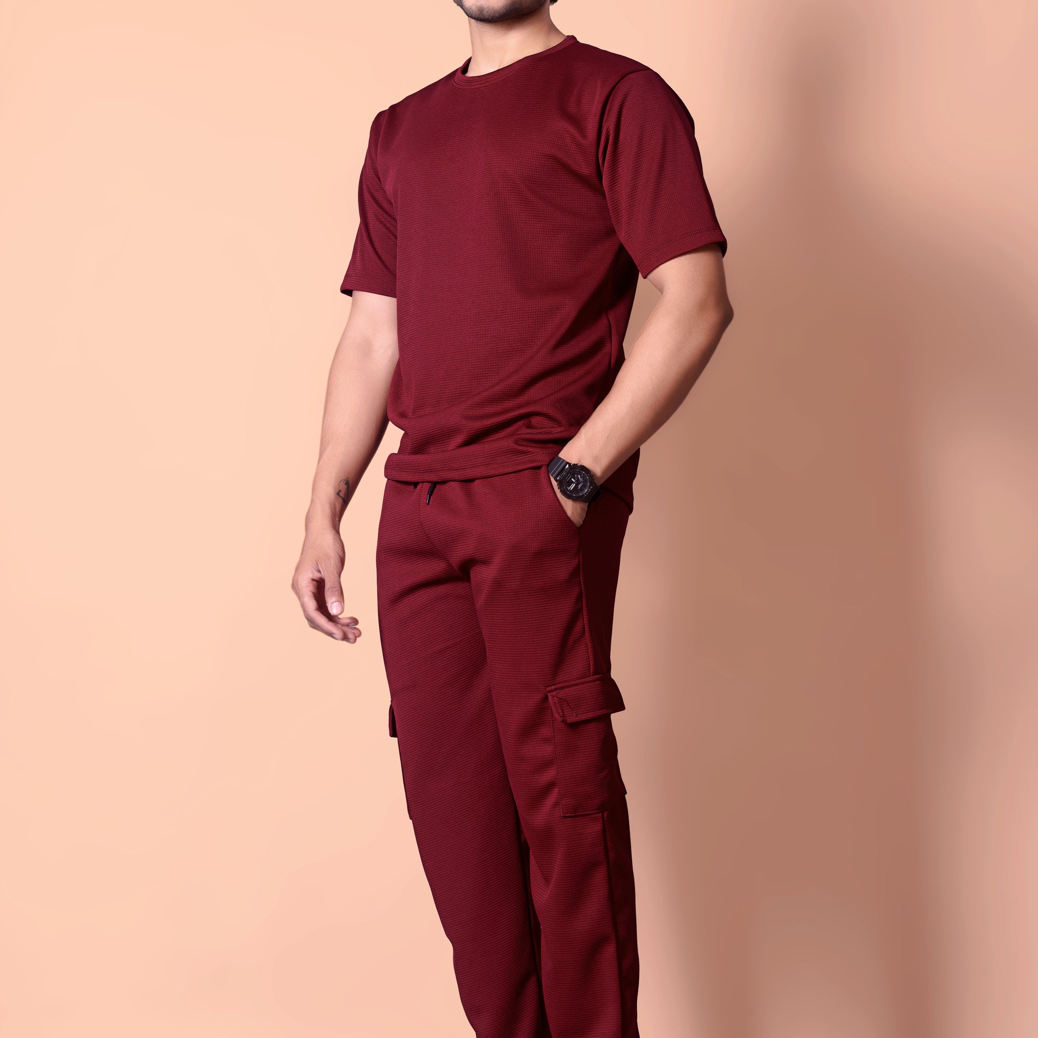 Stylish Men's Waffle Maroon Knit Jogger & T-Shirt Co-ord Set