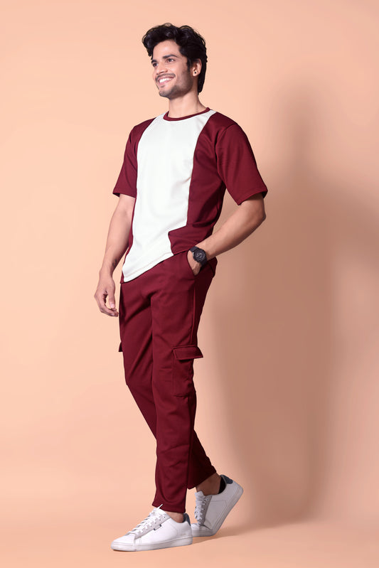 Stylish Men's MAROON Waffle Knit Jogger & T-Shirt Co-ord Set