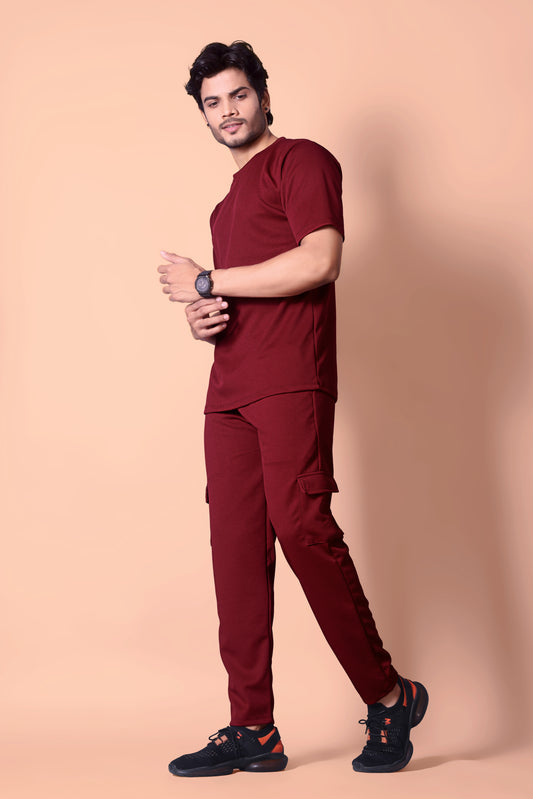Stylish Men's Waffle Maroon Knit Jogger & T-Shirt Co-ord Set