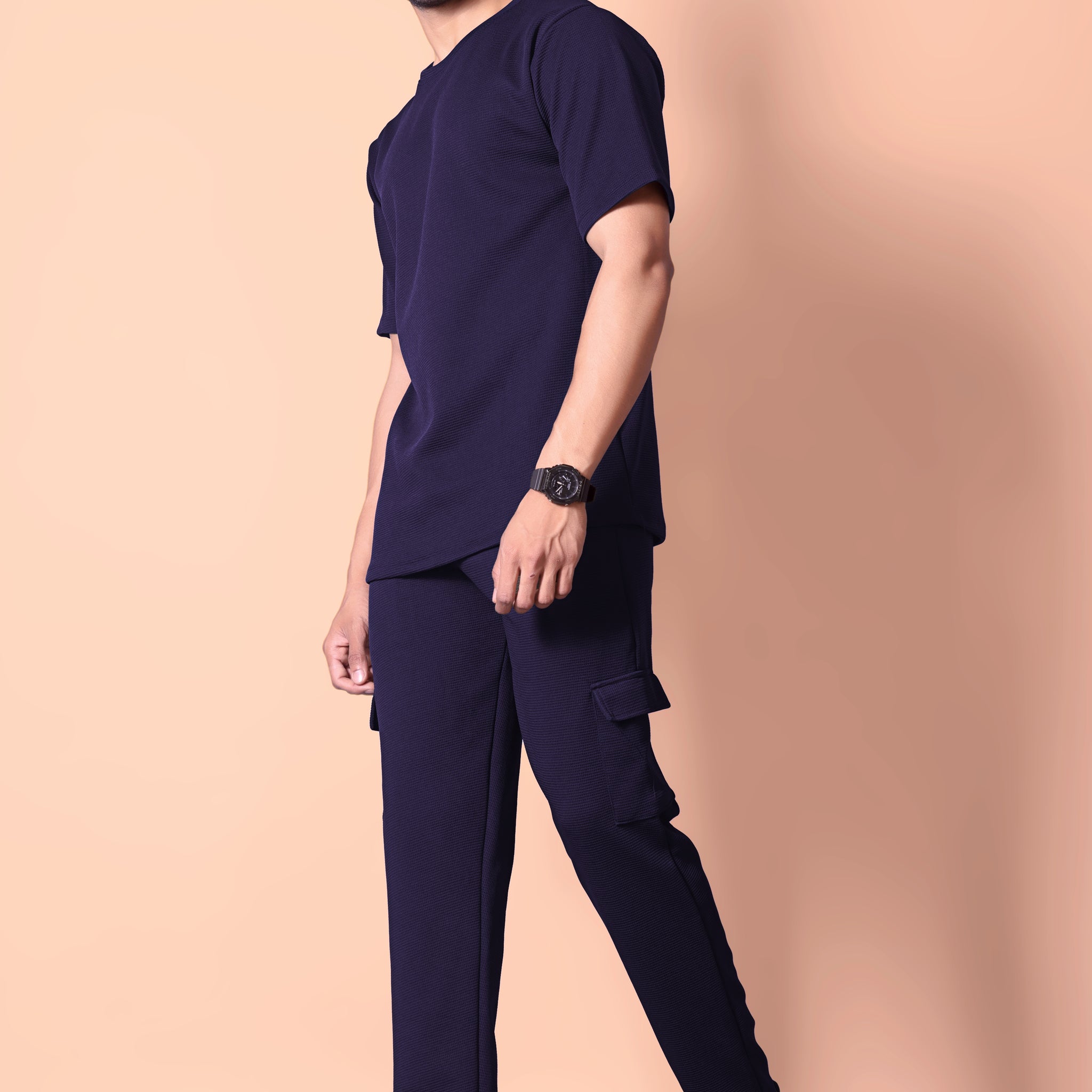 Stylish Men's BLUE Waffle Knit Jogger & T-Shirt Co-ord Set