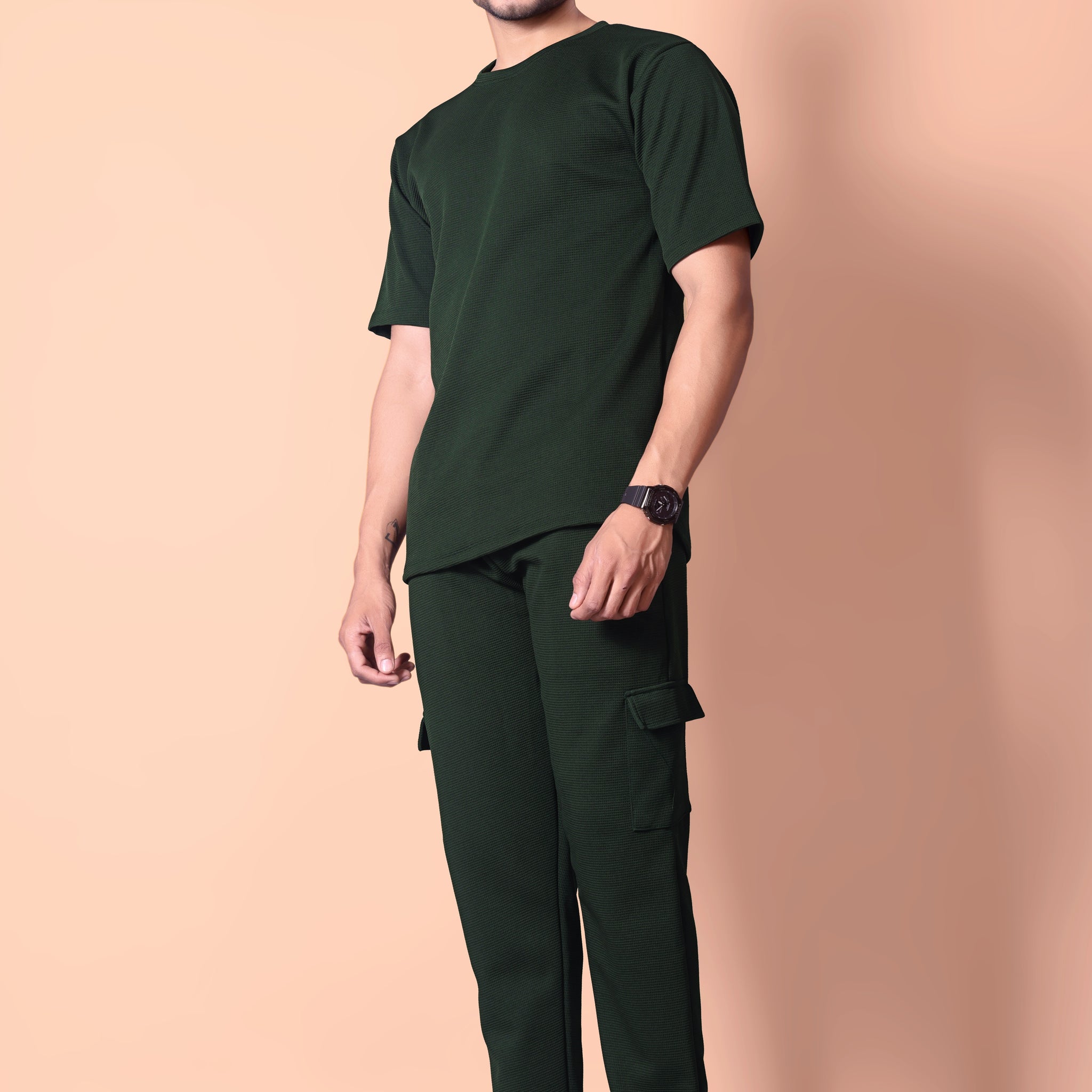 Stylish Men's GREEN Waffle Knit Jogger & T-Shirt Co-ord Set