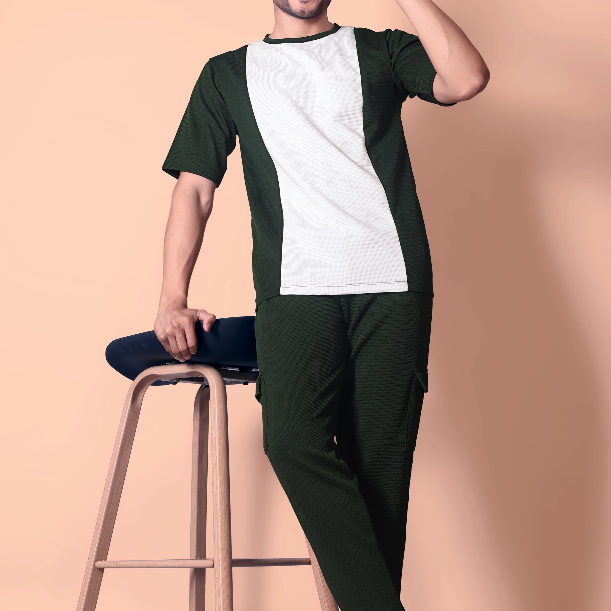 Stylish Men's GREEN Waffle Knit Jogger & T-Shirt Co-ord Set